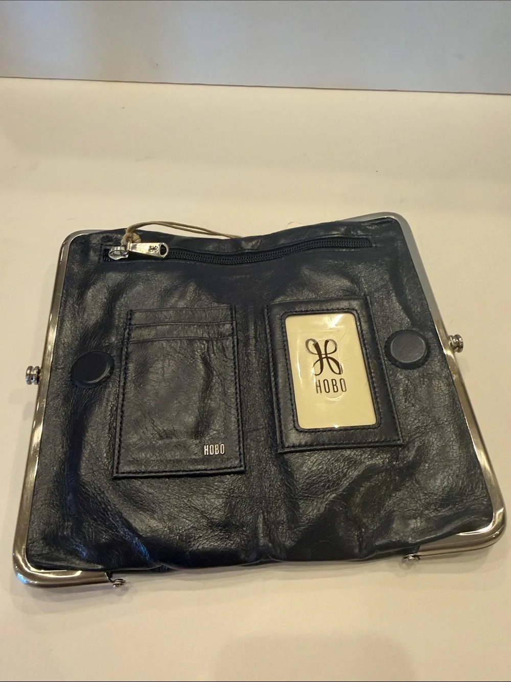 HOBO Blue Leather Frame Clutch with Silver-Tone Hardware